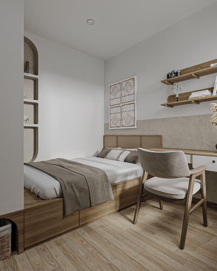 Phòng ngủ nhỏ với thiết kế giường ngủ dạng bục tiện nghi