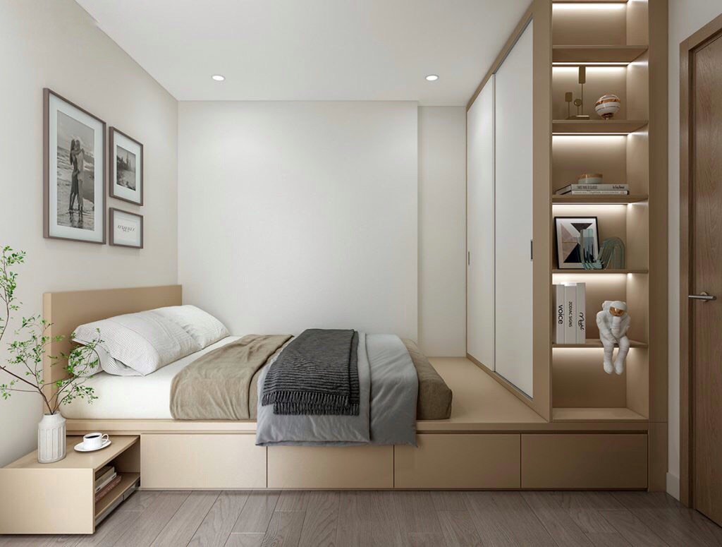 Phòng ngủ nhỏ xinh với giường gỗ công nghiệp