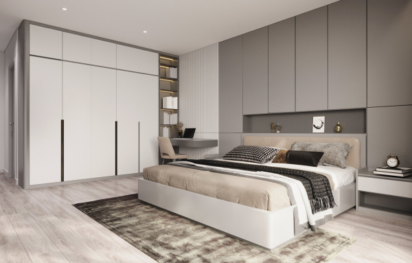 Phòng ngủ gồm giường, tủ quần áo, sử dụng vật liệu gỗ công nghiệp