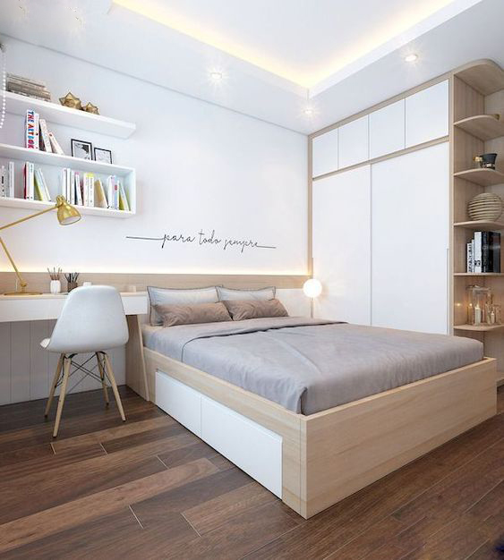 Phòng ngủ màu trắng cùng cách bố trí nội thất tiện lợi mang phong cách hiện đại trẻ trung