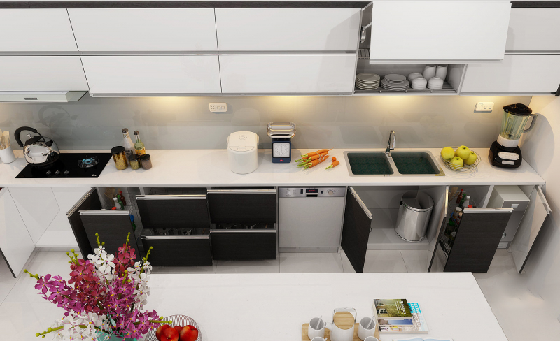 Tủ bếp hiện đại thiết kế có phụ kiện thông minh